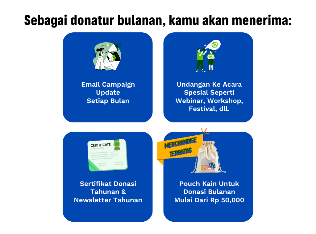 Donasi yang diberikan secara rutin memungkinkan kami melakukan kerja kampanye dalam jangka panjang. Kami memberikan benefit bagi kamu yang berkomitmen menjadi donatur bulanan.